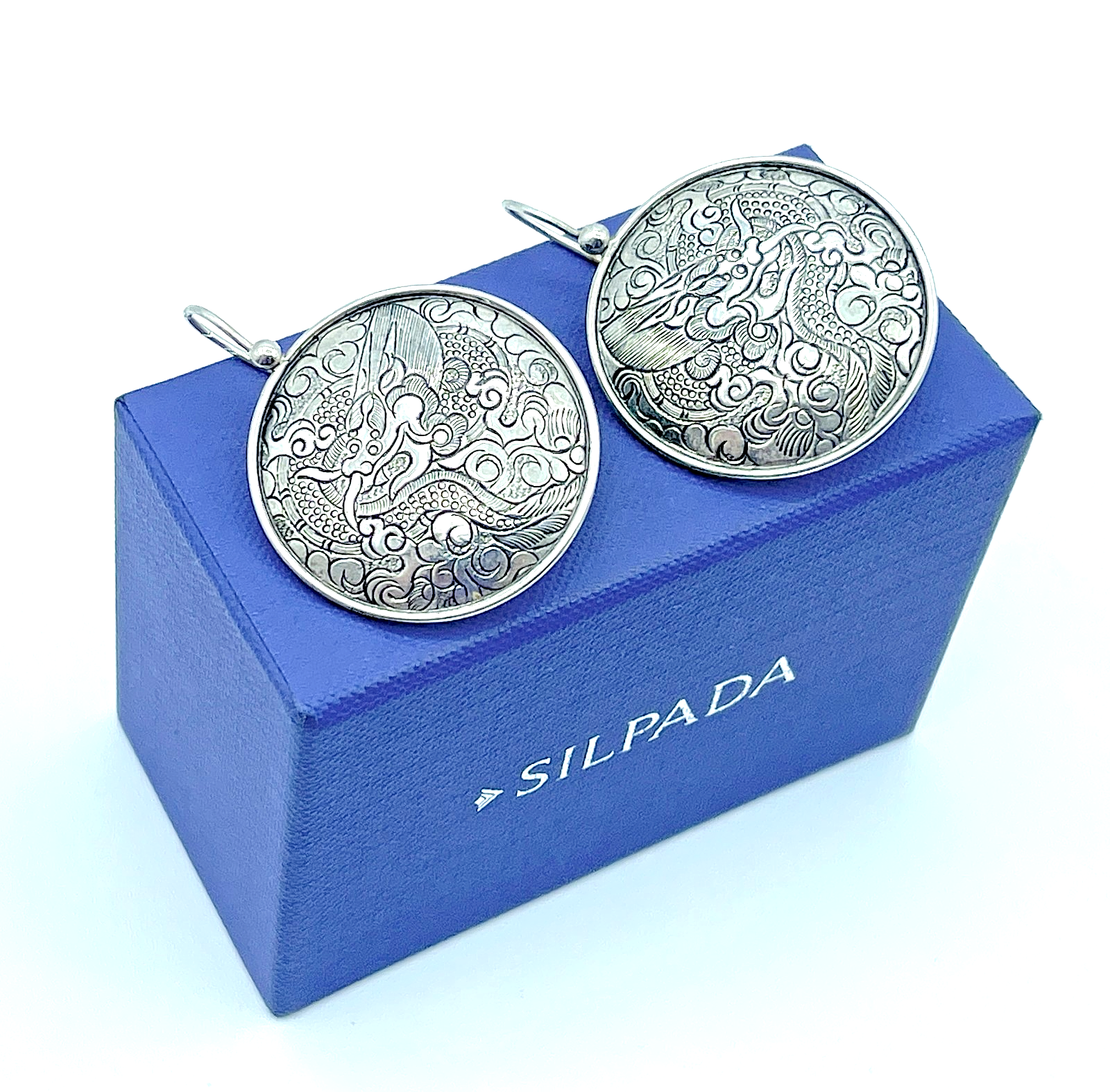 Vintage Silpada .925 Sterling, Etched Asian Dragon Round Disc Earrings, W1228