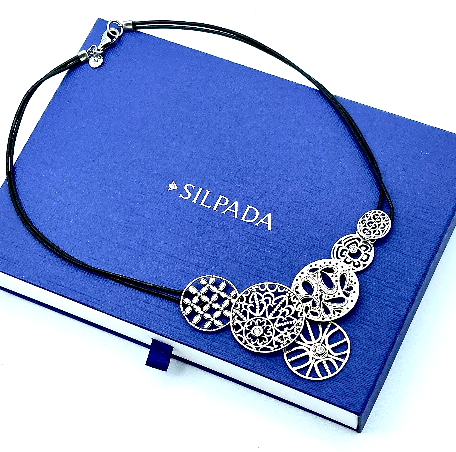 Silpada Sterling Silver, Filigree CZ Art Circles, Leather Cord Necklace, N2343