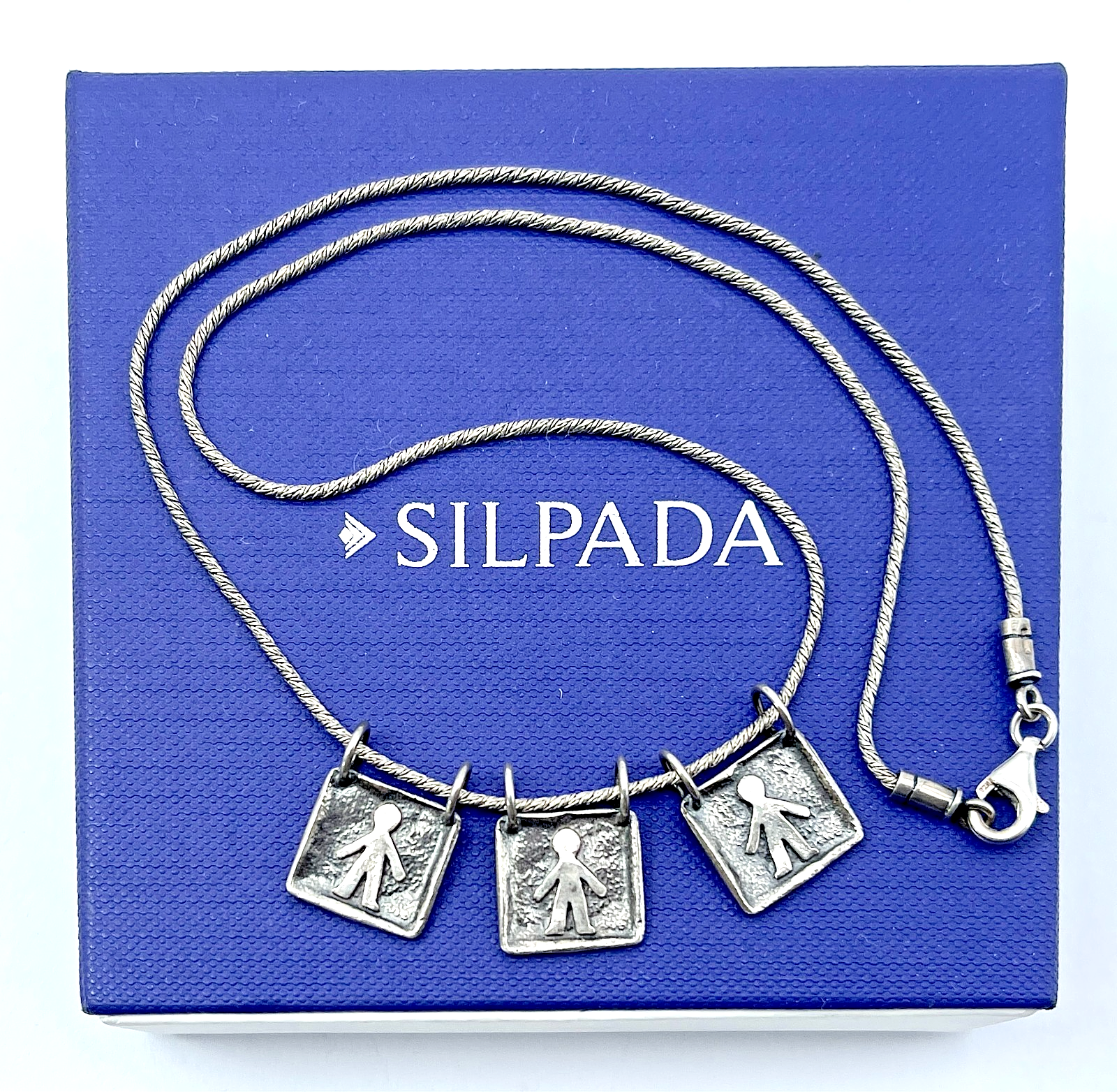 Vtg. Silpada .925 Sterling 3 Boys Child Charm Pendants Rope Necklace, 17" Israel