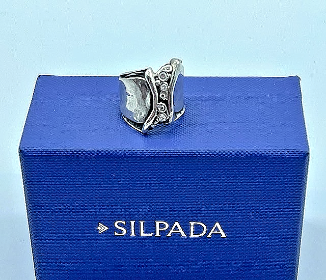 Silpada .925 Sterling Silver & 6 CZ, Hammered Wide Band Ring Size 7, R1441